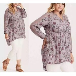 Torrid Gray Floral Lace Long Sleeve Button Front High Low Tunic Top Size 4X